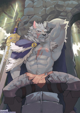 abs anthro armpit_hair barazoku body_hair bulge fangs fur hands_behind_back looking_at_viewer male muscular muscular_anthro muscular_male nipples pecs purple_eyes scar solo teeth dannon-5 elden_ring fromsoftware blaidd_(elden_ring) canid canine canis mammal wolf digital_media_(artwork) hi_res