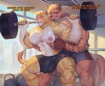 abs anthro anthro_on_anthro areola barazoku barbell barbell_squats biceps big_bulge big_muscles big_pecs blush bodily_fluids bottomwear breath bulge claws clothed clothing dialogue duo exercise eyebrows fur genital_fluids gym hair hand_on_chest hand_on_pecs huge_bulge huge_muscles huge_pecs inside kemono male male/male manly muscular muscular_anthro muscular_male navel nipples one_eye_closed open_mouth pec_grab pec_squeeze pec_squish pecs precum precum_through_clothing questionable_consent reach_around sexercise shorts smile spotting squats squish standing sweat text thick_thighs topless topless_anthro topless_male tuft weightlifting wet wet_clothing workout kult2k ronnoyeen felid hyena mammal pantherine striped_hyena tiger 2024 absurd_res english_text hi_res