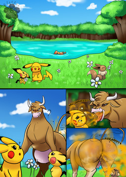4_panel_comic anus big_butt bodily_fluids brown_body brown_eyes burp_cloud burping burping_in_face butt dominant dominant_female dominant_feral ears_down fart fart_cloud farting_on_another farting_on_prey female feral feral_on_feral flies_for_smell flower forest forest_background freckled_butt freckles fur genitals group horn huge_butt interspecies lake nature nature_background onomatopoeia pivoted_ears plant pokephilia size_difference smile smirk sound_effects standing standing_over sweat sweatdrop sweaty_butt tail teats text tree udders vulva wide_stance yellow_body blossonflower nintendo pokemon bessy_(blossonflower) bovid bovine buizel cattle eevee generation_1_pokemon generation_2_pokemon generation_4_pokemon mammal pichu pikachu pokemon_(species) comic hi_res