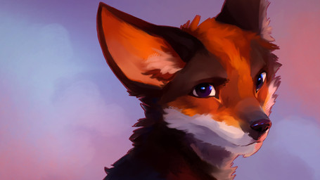 ambiguous_gender anthro big_ears blue_eyes brown_body brown_fur fur looking_at_viewer orange_body orange_fur pink_background simple_background small_nose solo young kounalix canid canine mammal 16:9 absurd_res hi_res widescreen