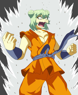anthro blue_eyes breasts clothed clothing cosplay female female_anthro fingers fist front_view green_body green_hair grey_background hair hair_bun humanoid_hands keikogi low-angle_view martial_arts_uniform medium_breasts medium_hair non-mammal_breasts open_mouth orange_clothing orange_topwear pose pupils simple_background small_pupils solo sportswear standing topwear twin_buns yelling puffycrow dragon_ball goodbye_volcano_high ko_op_(game_developer) goku stella_(gvh_beta) dinosaur ornithischian prehistoric_species reptile scalie stegosaurian stegosaurus thyreophoran absurd_res colored hi_res portrait shaded three-quarter_portrait