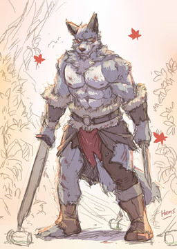 abs anthro armor biceps blood bodily_fluids bottomwear bracers clothing dagger dual_wielding falling_leaves fur grey_body grey_fur holding_dagger holding_melee_weapon holding_object holding_sword holding_weapon male melee_weapon muscular muscular_anthro muscular_male nipples pecs red_leaves scratches simple_background solo sword torn_clothing weapon blackham canid canine canis mammal wolf hi_res