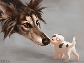 black_body black_fur black_nose brown_eyes duo feral fluffy_ears fur grey_body grey_fur grey_spots markings multicolored_body multicolored_fur neonate nose_to_nose quadruped short_fur size_difference spots two_tone_body two_tone_fur whisker_spots white_body white_fur white_markings young alexpahomov canid canine canis domestic_cat domestic_dog felid feline felis hunting_dog mammal sighthound silken_windhound 2024 4:3 digital_media_(artwork) digital_painting_(artwork) painting_(artwork)