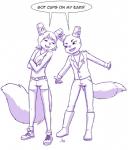 anthro clothing container cup cup_on_ear cups_on_ears duo female jacket male simple_background text topwear white_background aogami night_in_the_woods gregg_lee canid canine fox mammal 2017 english_text hi_res meme