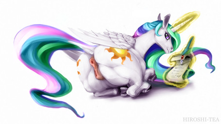 anatomically_correct anatomically_correct_genitalia anatomically_correct_vulva animal_genitalia animal_vulva anus butt cutie_mark equine_genitalia equine_vulva feathered_wings feathers female feral fur genitals hair horn long_hair looking_at_viewer looking_back loose_feather lying magic multicolored_hair quill scroll simple_background solo vulva white_background white_body white_feathers white_fur wings hiroshi-tea friendship_is_magic hasbro my_little_pony mythology princess_celestia_(mlp) equid equine mammal mythological_creature mythological_equine winged_unicorn 16:9 colored widescreen