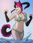 anthro black_nose breasts clothing female hair multicolored_hair open_mouth pink_eyes smile solo swimwear tail water conditional_dnp kadath jes_(kojotek) canid canine canis coyote domestic_dog husky hybrid mammal nordic_sled_dog spitz 2016 digital_media_(artwork)