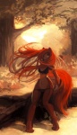 anthro breasts brown_body brown_fur cleavage clothed clothing detailed_background female forest fur hair log magicscir mammal nature outside plant red_hair rodent sciurid skimpy solo tree tree_squirrel wood