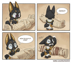 ambiguous_gender anthro black_body black_fur butt clothed clothing corpse dialogue duo eyes_closed facepalm frown fully_clothed fur male mummy_wrappings open_mouth pawpads red_eyes scowl smile speech_bubble standing tan_body text tongue tongue_out yellow_body silverfox5213 egyptian_mythology middle_eastern_mythology mythology anubis anubian_jackal canid canine canis deity jackal mammal mummy undead 2025 comic english_text hieroglyphic_text