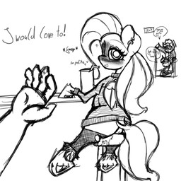 alcohol anus beverage big_butt blush blushing_profusely bodily_fluids bottomless bubble butt clothed clothing container cutie_mark dock_(anatomy) drunk drunk_bubble duo ear_piercing equine_anus feathered_wings feathers female feral fishnet_clothing fishnet_legwear fur genital_fluids hair huge_butt legwear long_sleeve_shirt male male/female piercing puffy_anus quadruped simple_background substance_intoxication tail text thick_thighs vaginal_fluids white_background wings johrnyreport friendship_is_magic hasbro my_little_pony mythology applejack_(mlp) fluttershy_(mlp) twilight_sparkle_(mlp) equid equine horse human mammal mythological_creature mythological_equine pegasus pony 1:1 black_and_white english_text hi_res monochrome sketch