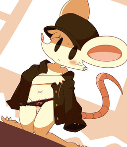 anthro biped blush cheek_tuft clothed clothed_anthro clothed_female clothing digitigrade dutch_angle facial_tuft female female_anthro flat_cap front_view fur fur_tuft hat head_tuft headgear headwear jacket kneeling navel open_clothing open_jacket open_topwear slim slim_anthro slim_female solo tan_body tan_fur topwear tuft undressing_self vertical_bar_eyes crepix mammal mouse murid murine rodent 2025 cel_shading digital_drawing_(artwork) digital_media_(artwork) shaded