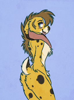 anthro arm_tuft black_body black_fur black_spots buckteeth butt chest_tuft facial_piercing fur male nose_piercing nose_ring open_mouth piercing ring_piercing septum_piercing simple_background solo spots teeth tuft whiskers white_body white_fur yellow_body yellow_fur pumaparlor hare lagomorph leporid mammal digital_media_(artwork) hi_res