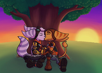 anthro clothed clothing cybernetic_arm cybernetic_limb daww duo ear_piercing eyewear eyewear_on_head female goggles goggles_on_head grass kissing love male male/female outside passionate piercing plant prosthetic romantic romantic_ambiance romantic_couple stripes sunset tree war_dyn27 playstation ratchet_and_clank sony_corporation sony_interactive_entertainment ratchet_(ratchet_and_clank) rivet_(ratchet_and_clank) lombax mammal