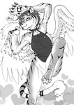 anthro bottomless clothed clothing female heart_symbol pawpads solo text wings hhy9i asian_mythology chinese_mythology east_asian_mythology futaba_channel img_(futaba) mythology nijiura_maids kyuuki-san felid mammal pantherine qiongqi tiger chinese_text greyscale hi_res monochrome