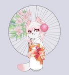 accessory anthro asian_clothing black_nose chibi clothing east_asian_clothing female fur hair hair_accessory japanese_clothing kimono pink_body pink_eyes pink_fur pink_hair solo umbrella katibara sakura_d._lyall canid canine canis fox hybrid mammal wolf digital_media_(artwork) hi_res