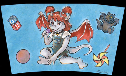 anthro ball barefoot block candy clothed clothing dessert feet female food hair horn lollipop long_tail red_hair sitting solo tail text toddler toy wings young young_anthro caliosidhe mythology raven_(caliosidhe) dragon mythological_creature mythological_scalie scalie 2007 artist_name