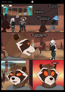 annoyed antennae_(anatomy) anthro black_clothing black_shirt black_topwear blue_body blue_bottomwear blue_clothing blue_fur bottomwear brown_body brown_fur buckteeth clothing container cup cybernetics detailed_background dialogue female frown fur furniture green_bottomwear green_clothing grey_clothing grey_shirt grey_topwear head_tuft holographic_screen machine male mask motion_lines multicolored_body multicolored_fur red_eyes scut_tail seat shirt short_tail side_view sitting speech_bubble sweater table tail teeth text topwear tuft white_body white_fur silentbandit guardians_of_the_galaxy marvel blackjack_o'hare floor_(marvel) rocket_raccoon domestic_rabbit halfworlder lagomorph leporid lop_rabbit mammal oryctolagus procyonid rabbit raccoon absurd_res comic english_text hi_res