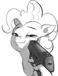 disembodied_hand duo female feral gun gun_to_head handgun looking_at_viewer pistol ranged_weapon simple_background smug solo_focus weapon white_background crade friendship_is_magic hasbro knife_cat my_little_pony pinkie_pie_(mlp) equid equine horse mammal pony 2021 hi_res meme monochrome