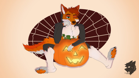 4_toes 5_fingers anthro arms_bent bent_legs black_arms black_claws black_eyebrows black_nose brown_ears brown_hair cheek_tuft claws closed_smile eyebrows facial_tuft featureless_chest feet finger_claws fingers fluffy fluffy_tail fur green_eyes hair holidays jack-o'-lantern light logo male mouth_closed multicolored_body multicolored_fur multicolored_tail nude_anthro nude_male one_eye_closed orange_body orange_fur orange_pawpads orange_tail pawpads short_hair simple_background sitting smile solo tail tan_background toe_claws toes tuft white_body white_fur white_inner_ear white_tail nayardash halloween nayis_(nayardash) canid canine canis fox hybrid mammal wolf 16:9 2024 artist_logo colored digital_drawing_(artwork) digital_media_(artwork) english_description hi_res lighting widescreen