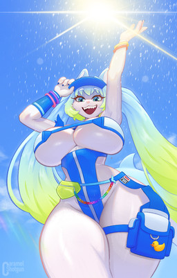 anthro biped blue_clothing breasts clothed clothing eyelashes female glistening glistening_body outside pupils smile solo sun swimwear thick_thighs white_body wide_hips ttothep_arts aquatic felid feline fish hybrid mammal shark hi_res
