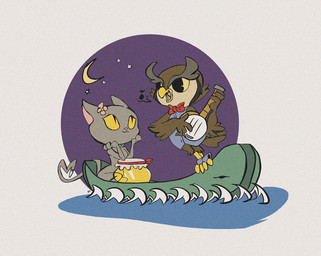 anthro arm_support banjo_(instrument) boat bow_(feature) bow_tie clothed clothing collar duo female flower leaning_on_elbow male moon musical_instrument night nude plant plucked_string_instrument simple_background singing smile star string_instrument vehicle water watercraft yellow_eyes rileyboi avian bird domestic_cat felid feline felis mammal owl digital_media_(artwork)