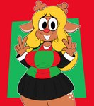 5_fingers anthro antlers big_breasts black_bottomwear black_clothing black_eyebrows black_eyes black_shirt black_skirt black_topwear blonde_hair bottomwear breasts brown_antlers brown_body brown_ears brown_fur buckteeth closed_smile clothed clothing double_v_sign eye_bags eyebrow_through_hair eyebrows female fingers freckled_legs freckled_thighs freckles fur gesture green_background green_clothing green_sweater green_sweater_vest green_topwear green_vest hair hand_gesture horn humanoid_hands long_hair long_sleeves looking_at_viewer mouth_closed pose red_background red_clothing red_nose red_sweater red_sweater_vest red_topwear red_vest shirt simple_background skirt smile solo sweater sweater_vest teeth teeth_showing thick_thighs topwear translucent translucent_hair v_sign vest wavy_mouth wavy_smile white_clothing white_shirt white_topwear ota_(artist) deltarune undertale_(series) noelle_holiday deer mammal 2022 artist_name hi_res signature