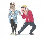 angry anthro clothed clothing duo eyes_closed female footwear hat headgear headwear high_heels jewelry male necklace pen shoes simple_background beezii bojack_horseman netflix mia_mckibben todd_chavez human mammal mouse murid murine rodent hi_res