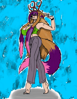 abstract_background anthro big_breasts black_bracelet black_nose bottomwear bracelet breasts clothing dipstick_ears dipstick_tail drawstring_bottomwear ear_markings eyes_closed feet female fluffy fluffy_tail freckled_face freckles green_clothing green_topwear grey_bottomwear grey_clothing hair hands_behind_head huge_breasts jewelry long_hair markings multicolored_ears nails necklace ochre_hair pants pink_hair purple_hair shadow shirt solo stretching sweatpants tail tail_markings tank_top tiptoes toenails toes topwear dylanaildon_no_2 tirisk_(dylanaildon_no_2) forest_spirit humanoid mammal digital_media_(artwork) shaded