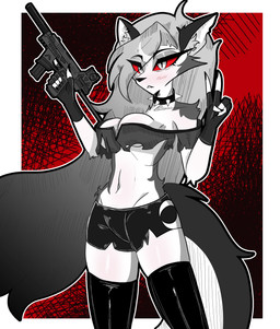 abstract_background anthro biped bite biting_lip black_bottomwear black_clothing black_crop_top black_gloves black_handwear black_legwear black_shirt black_shorts black_thigh_highs black_topwear blush border bottomwear breasts claws clothing collar crop_top eyebrow_through_hair eyebrows female finger_claws fingerless_gloves fingers front_view frown fur gesture gloves grey_body grey_fur grey_hair gun hair hand_gesture handwear holding_gun holding_object holding_ranged_weapon holding_weapon humanoid_hands latex latex_clothing latex_legwear latex_thigh_highs legwear long_hair medium_breasts multicolored_body multicolored_fur navel outline pose ranged_weapon red_sclera shirt shorts solo spiked_collar spikes standing thigh_highs topwear torn_bottomwear torn_clothing torn_shorts torn_topwear translucent translucent_hair two_tone_body two_tone_fur v_sign weapon white_body white_border white_eyes white_fur white_outline gothgator0 hellaverse helluva_boss mythology loona_(helluva_boss) canid canid_demon canine demon hellhound mammal mythological_canine mythological_creature absurd_res colored hi_res shaded