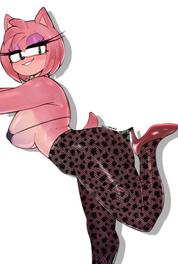 anthro big_breasts bikini bikini_top black_nose breasts clothed clothing eyelashes eyeshadow female footwear green_eyes hair half-closed_eyes high_heels legwear looking_at_viewer makeup narrowed_eyes pantyhose pink_eyeshadow pink_hair red_clothing red_footwear red_high_heels shoes short_hair simple_background smile solo standing swimwear thick_thighs two-piece_swimsuit white_background hater_lly hooked_on_heel_(trend) sega sonic_the_hedgehog_(series) amy_rose eulipotyphlan hedgehog mammal 2025 absurd_res hi_res