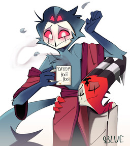 beak beverage blush clothed clothing coffee duo eyes_closed fur hair horn hug male male/male oversized_clothing raised_arm red_body red_eyes robe simple_background sleepwear tail text topwear white_background flugublue hellaverse helluva_boss blitzo_(helluva_boss) stolas_(helluva_boss) avian bird demon imp owl owl_demon digital_media_(artwork) english_text hi_res