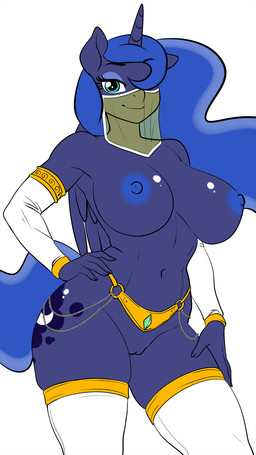 anthro areola belly_dancer big_breasts biped blue_body blue_hair breasts clothing eyelashes female genitals glistening glistening_body hair horn legwear looking_at_viewer mostly_nude nipples pupils simple_background smile solo thick_thighs thigh_highs translucent veil vulva white_background white_clothing wings pia-sama friendship_is_magic hasbro my_little_pony mythology princess_luna_(mlp) equid equine mammal mythological_creature mythological_equine winged_unicorn absurd_res hi_res