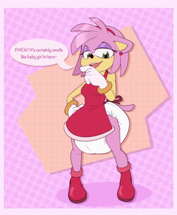 accessory anthro apron apron_only big_nose blush blush_lines boots bow_ribbon bracelet clothing diaper ear_piercing ear_ring exposed_diaper female footwear fur gold_(metal) gold_bracelet gold_jewelry green_eyes hair_accessory hairband jewelry lipstick makeup multicolored_body multicolored_fur piercing ring_piercing shoes solo speech_bubble text bubblepuppers sega sonic_the_hedgehog_(series) amy_rose eulipotyphlan hedgehog mammal absurd_res hi_res