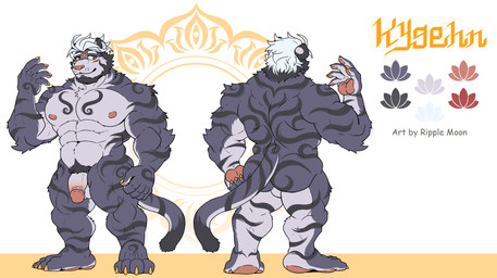 abs anthro balls barazoku beard biceps black_beard black_facial_hair black_striped_fur black_striped_tail black_stripes butt claws facial_hair feet front_view fur genitals golden_claws hair looking_aside male muscular muscular_anthro muscular_male nipples nude nude_anthro nude_male pawpads paws pecs penis pink_nipples pink_penis pubes purple_body purple_fur rear_view short_hair simple_background snout solo standing stripes tail toe_claws triangle_nose white_background white_hair yellow_claws yellow_facial_markings ripple_moon kygehn felid mammal pantherine tiger absurd_res flat_colors full-length_portrait hi_res model_sheet portrait