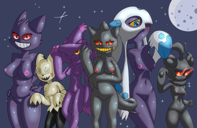black_body breasts clothing costume female genitals group group_nudity hat headgear headwear looking_at_viewer moon night nipples nude outside pokemorph purple_body red_sclera smile vulva witch_hat yellow_sclera kirlia_furtive nintendo pokemon banette froslass generation_1_pokemon generation_3_pokemon generation_4_pokemon generation_7_pokemon gengar humanoid legendary_pokemon marshadow mimikyu mismagius pokemon_(species) hi_res
