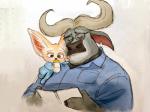 anthro clothed clothing fur horn male mortic_ox disney zootopia chief_bogo finnick_(zootopia) bovid bovine canid canine cape_buffalo fennec_fox fox mammal true_fox 2018 4:3