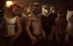 5_fingers anthro beverage clothed clothing fingers group topless whiskers lofi fight_club hyena lagomorph leporid mammal rabbit spotted_hyena 2016 digital_media_(artwork)