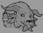 4_ears ambiguous_form catnip drugs horn male multi_ear solo whiskerdoodles guild_wars charr felid feline mammal greyscale headshot_portrait monochrome portrait