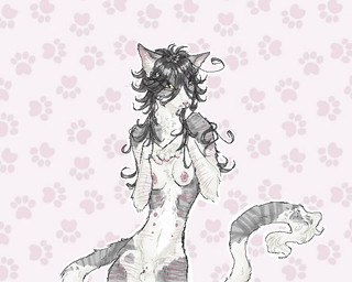 accessory adolescent anatomically_correct animal_genitalia anthro breasts fully_sheathed fur genitals grey_body grey_fur grey_hair gynomorph hair hair_accessory hairpin hand_on_chest intersex long_hair long_tail messy_hair multi_nipple nipples nude pink_background scar self-harm self-harm_scars sheath shy simple_background small_breasts solo tail white_body white_fur young itzkuroki domestic_cat felid feline felis mammal tabby_cat