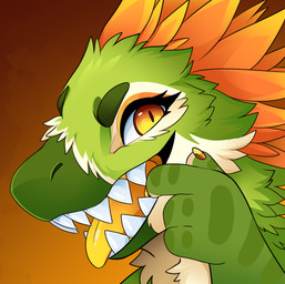 4_fingers anthro claws eyelashes feather_hair feathers female finger_in_mouth fingers fur green_body green_fur multicolored_body multicolored_fur open_mouth pseudo_hair pupils sharp_teeth slit_pupils snout solo tan_body tan_fur teeth tongue tongue_out yellow_eyelids yellow_eyes yellow_tongue feve peridot_(mal.) dinosaur dromaeosaurid prehistoric_species reptile saurischian scalie theropod colored digital_drawing_(artwork) digital_media_(artwork) shaded