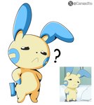 ambiguous_gender bed blue_body blue_fur confusion featureless_crotch feral frown fur furniture hands_on_hips minus_sign narrowed_eyes on_bed pillow pose question_mark screencap simple_background solo standing tan_body tan_fur unimpressed white_background cerescito nintendo pokemon generation_3_pokemon mammal minun pokemon_(species) rodent absurd_res hi_res signature
