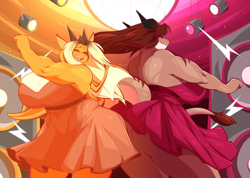 2_horns 4_fingers alternate_species anthro big_breasts big_butt black_horn blonde_hair breasts brown_clothing brown_dress brown_hair brown_stripes brown_tail brown_tail_tuft butt cleavage closed_smile clothed clothed_anthro clothed_female clothing dancing dress duo eyelashes eyelashes_through_hair eyes_closed fangs female female_anthro fingers fist fur hair happy horn huge_breasts larger_anthro larger_female light long_hair membrane_(anatomy) membranous_wings mouth_closed multicolored_body multicolored_fur multicolored_hair muscular muscular_anthro muscular_female navel non-mammal_breasts non-mammal_navel open_mouth open_smile orange_body orange_outline orange_scales orange_tail outline pink_clothing pink_dress pink_outline pink_tongue red_eyelashes red_outline scales size_difference slightly_chubby slightly_chubby_anthro slightly_chubby_female smaller_anthro smaller_female smile speaker striped_arms stripes studio_lights tail tail_tuft teeth thick_thighs tongue translucent translucent_hair tuft two_tone_hair two_tone_tail upskirt white_breasts white_wings wide_hips wings gin-blade mythology marigold_eastwood scarlet_(no_11) dragon furred_dragon furred_scalie mythological_creature mythological_scalie scalie winged_dragon 2025 colored digital_drawing_(artwork) digital_media_(artwork) english_description hi_res lighting restricted_palette shaded warm_colors