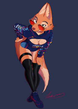anthro barbell_piercing bent_over breasts clothing eyelashes eyewear facial_tuft female fluffy footwear fur glistening_eyelids hoodie legwear long_eyelashes medium_breasts orange_body orange_fur piercing racing racing_suit shoes solo straps sunglasses tail thick_thighs thigh_highs topwear tuft wide_hips ikaruss_draws dreamworks formula_1 hard_rock red_bull the_bad_guys diane_foxington oracle canid canine fox mammal absurd_res hi_res