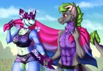 anthro big_breasts bisexual_pride_colors blue_body blue_eyes blue_fur breasts chin_tuft clothed clothing cloud crystal detailed_background duo facial_tuft female fingers flag flag_(object) fur gem green_body green_fur green_hair green_mane grey_body grey_fur hair holding_flag holding_object horn lgbt_pride male male/female mane pride_color_flag pride_colors purple_body purple_fur red_eyes simple_background sky smile tail tail_tuft topless topless_male topwear tuft underwear lazybonefox lgbt_pride_month mythology kejqi myra_valentine dragon mythological_creature mythological_scalie scalie digital_media_(artwork) digital_painting_(artwork) shaded