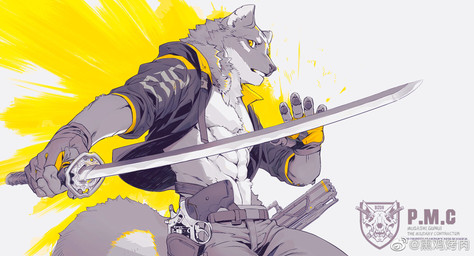 anthro black_clothing bottomwear claws clothed clothing fingerless_gloves fingerpads fluffy fluffy_tail fur gloves gun handgun handwear holding_katana holding_melee_weapon holding_object holding_sword holding_weapon holster inner_ear_fluff jacket katana legwear logo long_pants looking_at_viewer looking_away male melee_weapon neck_tuft open_mouth pants pawpads ranged_weapon revolver simple_background solo streetwear sword tail techwear text topwear tuft waist_belt weapon white_body white_fur kunaru yoshi.kaoru canid canine canis mammal wolf digital_media_(artwork) english_text hi_res monochrome