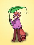 anthro brown_body brown_fur brown_inner_ear cheek_tuft clothing facial_tuft feet fur glistening glistening_eyes handpaw head_tuft hindpaw holding_leaf holding_object hoodie leaf leaf_umbrella male male_anthro oversized_clothing oversized_hoodie oversized_topwear paws pink_clothing pink_eyes pink_hoodie pink_topwear plantigrade simple_background solo standing tail tan_body tan_fur topwear tuft yellow_background artyomtheredpanda artyom_(artyomtheredpanda) ailurid mammal red_panda 2021 cel_shading digital_drawing_(artwork) digital_media_(artwork) full-length_portrait hi_res portrait shaded