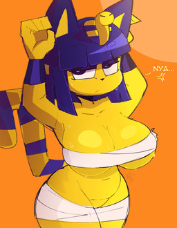 4_fingers anthro bangs big_breasts blue_ears blue_eyeshadow blue_hair breasts chest_wraps clothed clothing eyebrows eyeshadow featureless_crotch female female_anthro fingers front_view fur glistening glistening_breasts glistening_eyelids glistening_hair hair makeup markings mouth_closed mummy_wrappings narrowed_eyes navel nya orange_background paw_pose pose simple_background skimpy solo striped_markings striped_tail stripes tail tail_markings thick_thighs uraeus wraps wraps_only yellow_body yellow_fur yellow_inner_ear buxy animal_crossing nintendo ankha_(animal_crossing) domestic_cat felid feline felis mammal 2024 absurd_res digital_drawing_(artwork) digital_media_(artwork) hi_res portrait