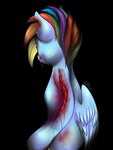 2015 black_background blood blue_body blue_fur bodily_fluids dragonfoxgirl equid equine feathered_wings feathers female feral friendship_is_magic fur hair hasbro hi_res mammal multicolored_hair my_little_pony mythological_creature mythological_equine mythology pegasus rainbow_dash_(mlp) rainbow_hair simple_background solo wings wounded