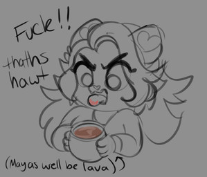 angry anthro clothed clothing container cup female hair holding_container holding_cup holding_object long_hair open_mouth simple_background solo text tongue tongue_out tiggybloom marzipan_(tiggybloom) felid mammal pantherine tiger 2022 english_text partially_colored