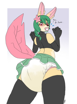 accessory ageplay anthro baby_talk blush bodily_fluids bottomwear braided_hair braided_ponytail brown_body brown_fur clothed clothing diaper diaper_under_clothing diaper_under_skirt dipstick_ears ear_markings embarrassed exposed_diaper eyebrow_through_hair eyebrows female flower flower_in_hair fur furgonomics genital_fluids gloves green_hair hair hair_accessory handwear infantilism leaf leaf_tail legwear looking_back multicolored_ears object_in_mouth pacifier pacifier_in_mouth pink_ears pink_tail plant ponytail pushing red_eyes roleplay simple_background skirt solo standing stockings straining stuttering tail tail_through_skirt thigh_highs topwear translucent translucent_hair unclean_diaper urine used_diaper wearing_diaper wet_diaper wetting hardscales nintendo pokemon linnea eeveelution generation_4_pokemon leafeon pokemon_(species) absurd_res hi_res