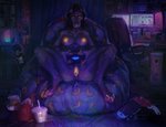 anthro bean_bag bodily_fluids bookshelf chair colored_nails computer_mouse computer_screen controller dark_room desktop detailed_background detailed_foreground electronics feet female fingers food furniture game_console game_controller genital_fluids genitals leaking looking_at_viewer nails nipples nude office_chair orange_nails orange_nipples orange_pussy ps4_controller pussy pussy_juice_leaking sitting skateboard solo spread_legs spreading text toes vaginal_fluids vehicle yellow_eyes yellow_sclera fossa666 nintendo nintendo_switch canid canine canis domestic_dog mammal 2020 detailed digital_media_(artwork) english_text shaded signature